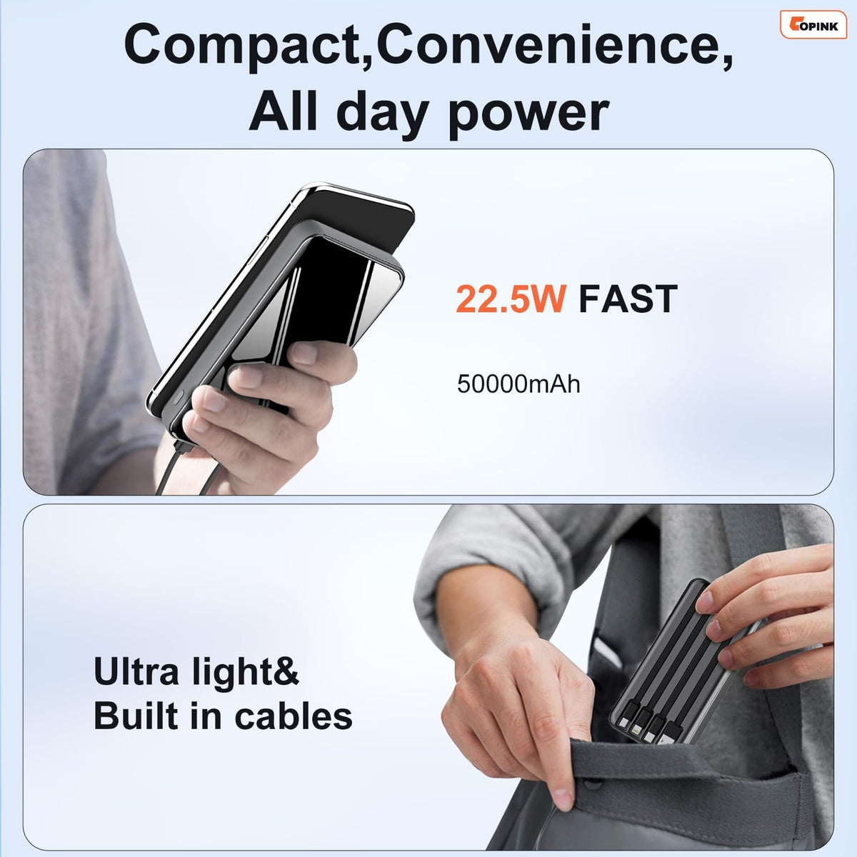 COPINK 50,000mAh Power Bank with Built-In Cables