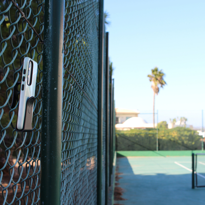 Racquet view phone mount side view tennis on fence